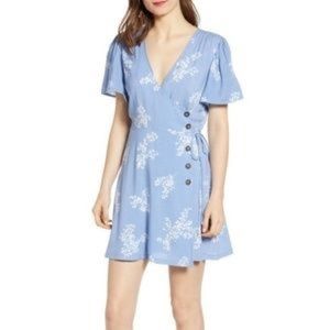 ALL IN FAVOR Blue Floral Wrap Mini Dress